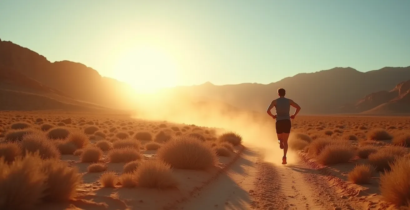 Trail runner dans un environnement désertique avec effet de chaleur visible