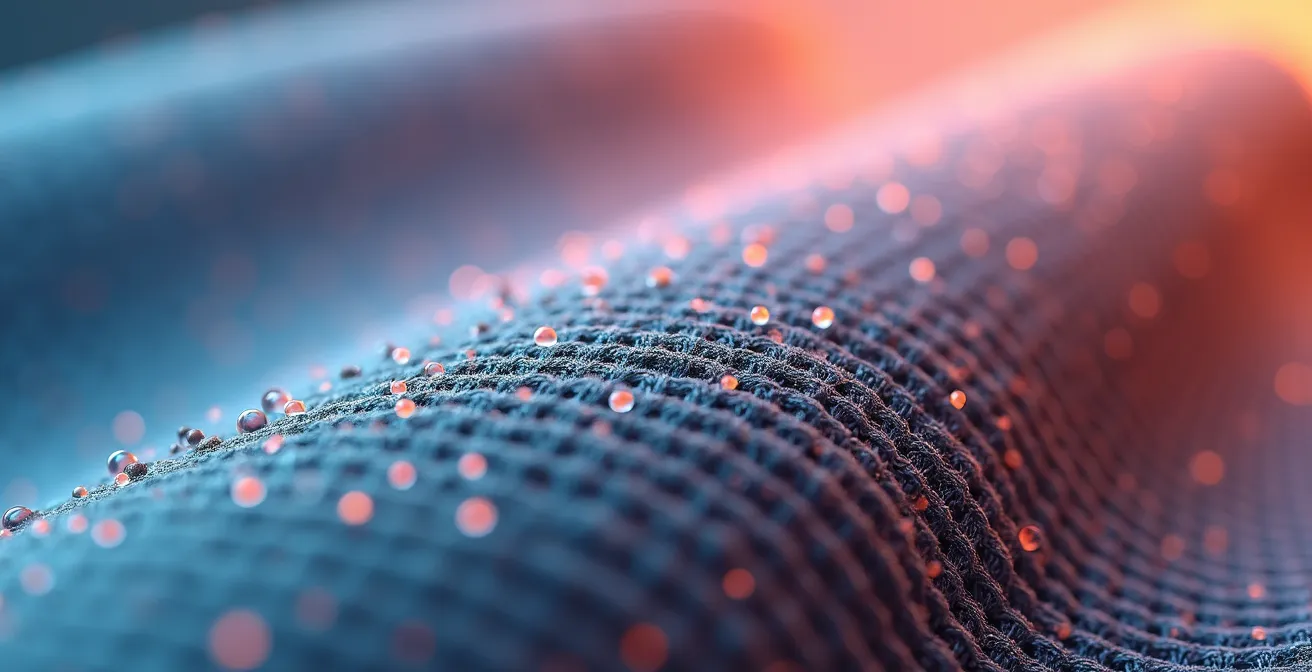 Détail macro d'un textile avec microcapsules PCM visibles