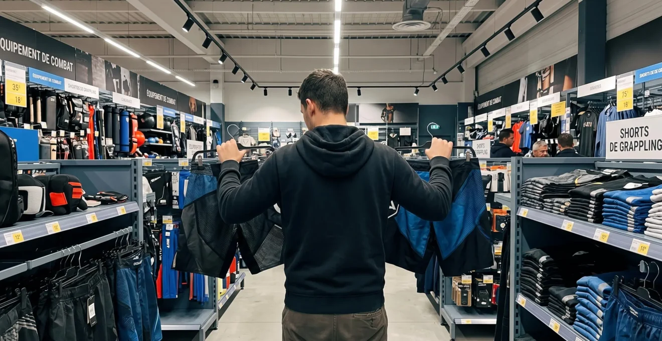 Personne de dos dans un magasin de sport comparant deux shorts de grappling de gammes différentes