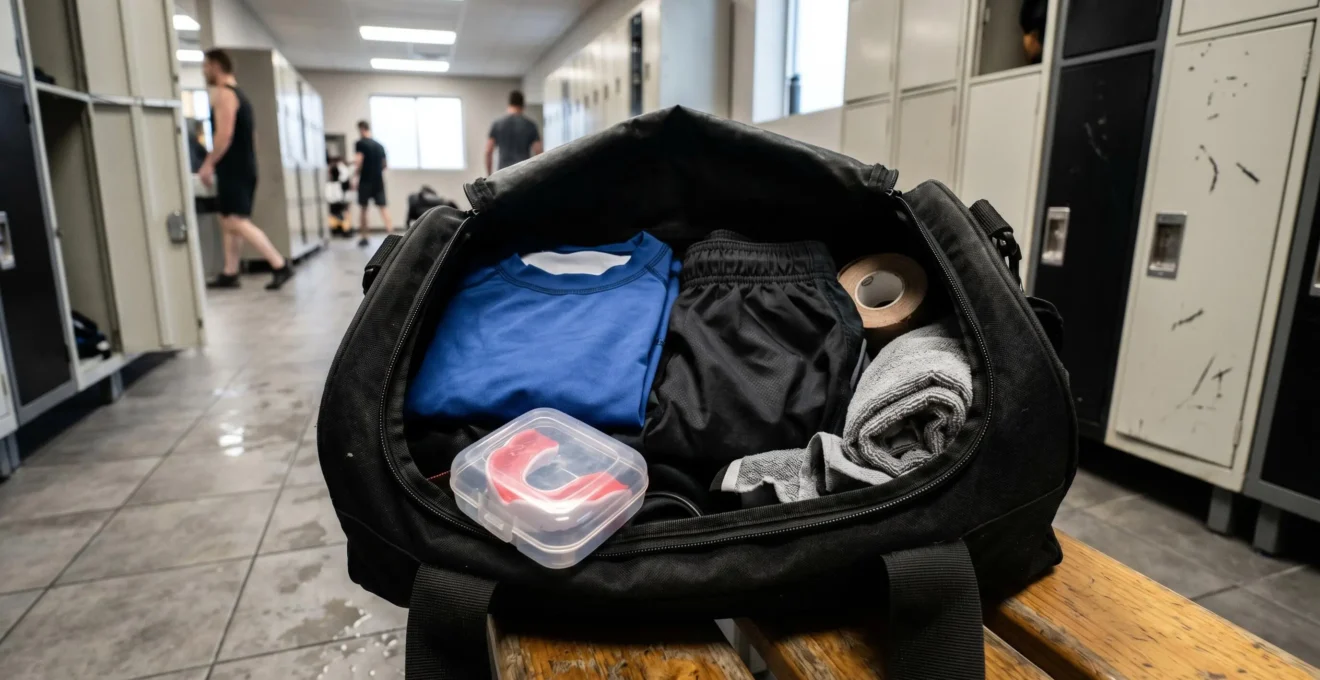 Sac de sport ouvert sur un banc de vestiaire contenant un rashguard bleu plié, un short noir et un protège-dents dans son étui